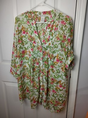 American Rag Woman L V neck Blouse Semi Sheer Floral Tunic Roll Tab 3/4 Sleeve