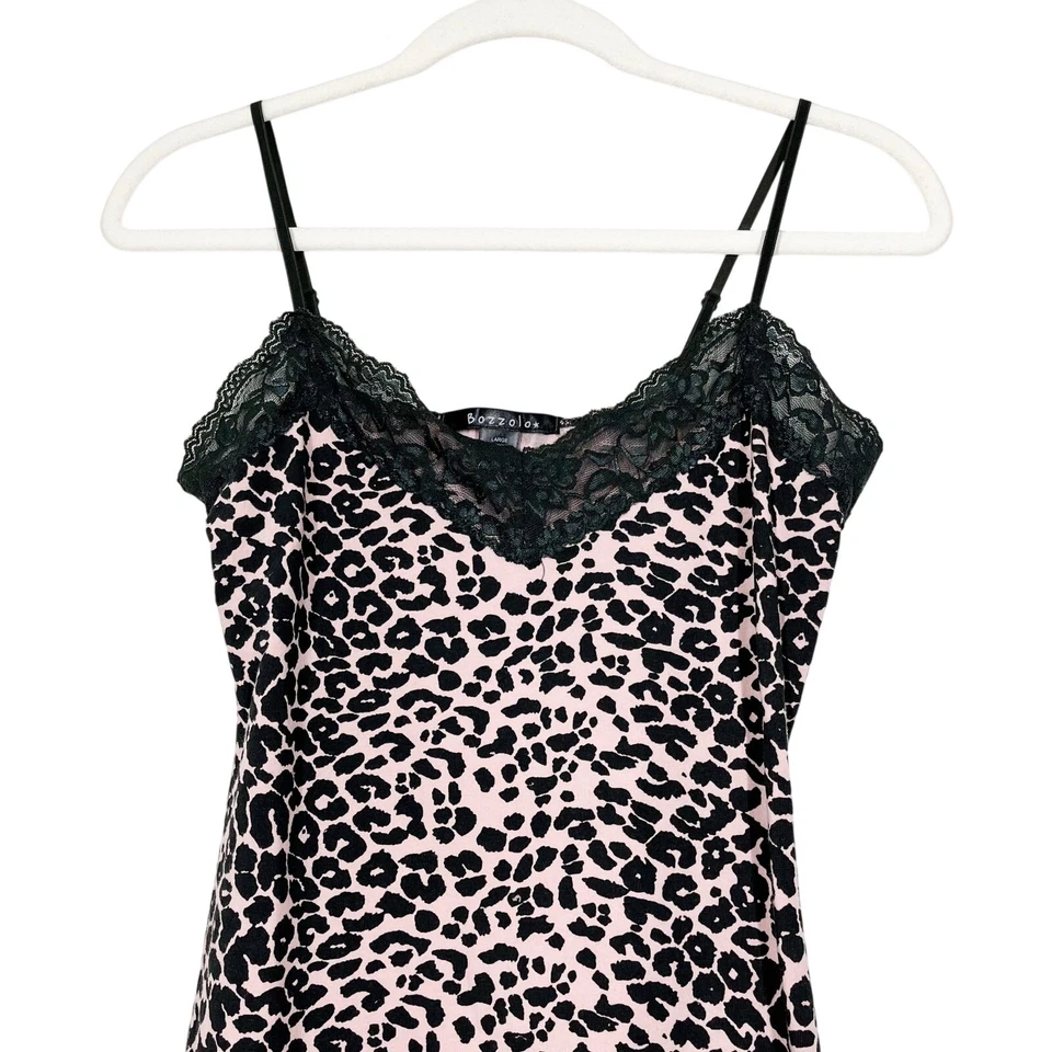Bozzolo Cotton Cheetah Laced Camisole Slipdress Sz L Pink Black Coquette Stretch - Image 2 of 4