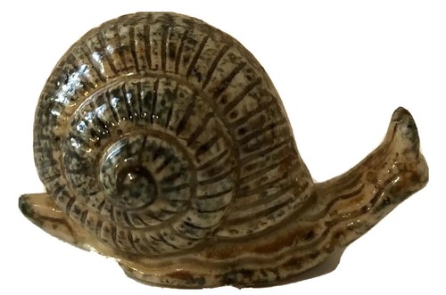 Vintage Snail Miniature Figurine With Spiral Shell Brown Glazed Pottery