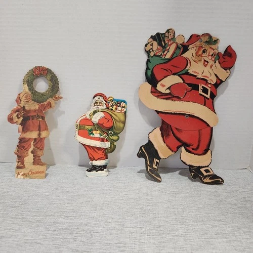Vintage Paper Santa Decoration Lot 3 Coke Santa Bank Santa Jointed Santa 1950s
