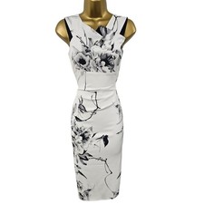 10 UK Karen Millen Vintage White Mono Floral Cocktail Wiggle Pencil Dress