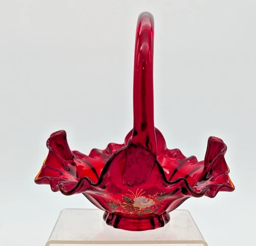 Vintage Fenton Ruby Red Glass Thumbprint Basket Amber Crest ruffled handpainted