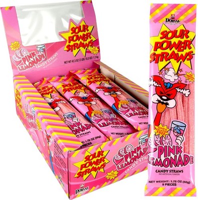 Sour Power Pink Lemonade Candy Straws Pack of 24 Sweet Tart Sour Candy 1.75oz