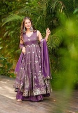 Beautiful Purple Pure Roman Simer Silk Gown Palazzo With Dupatta For Reception