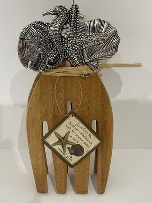 Mudpie~Holz~Salat Hände~Servier Set~Metall~Seestern~Seepferdchen Griffe~VTG~2008