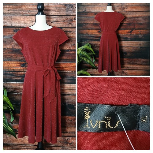 Ivnis Dress XL Wine Glitter Sparkle Belted Zip Back Cap Sleeve Stretch Retro New