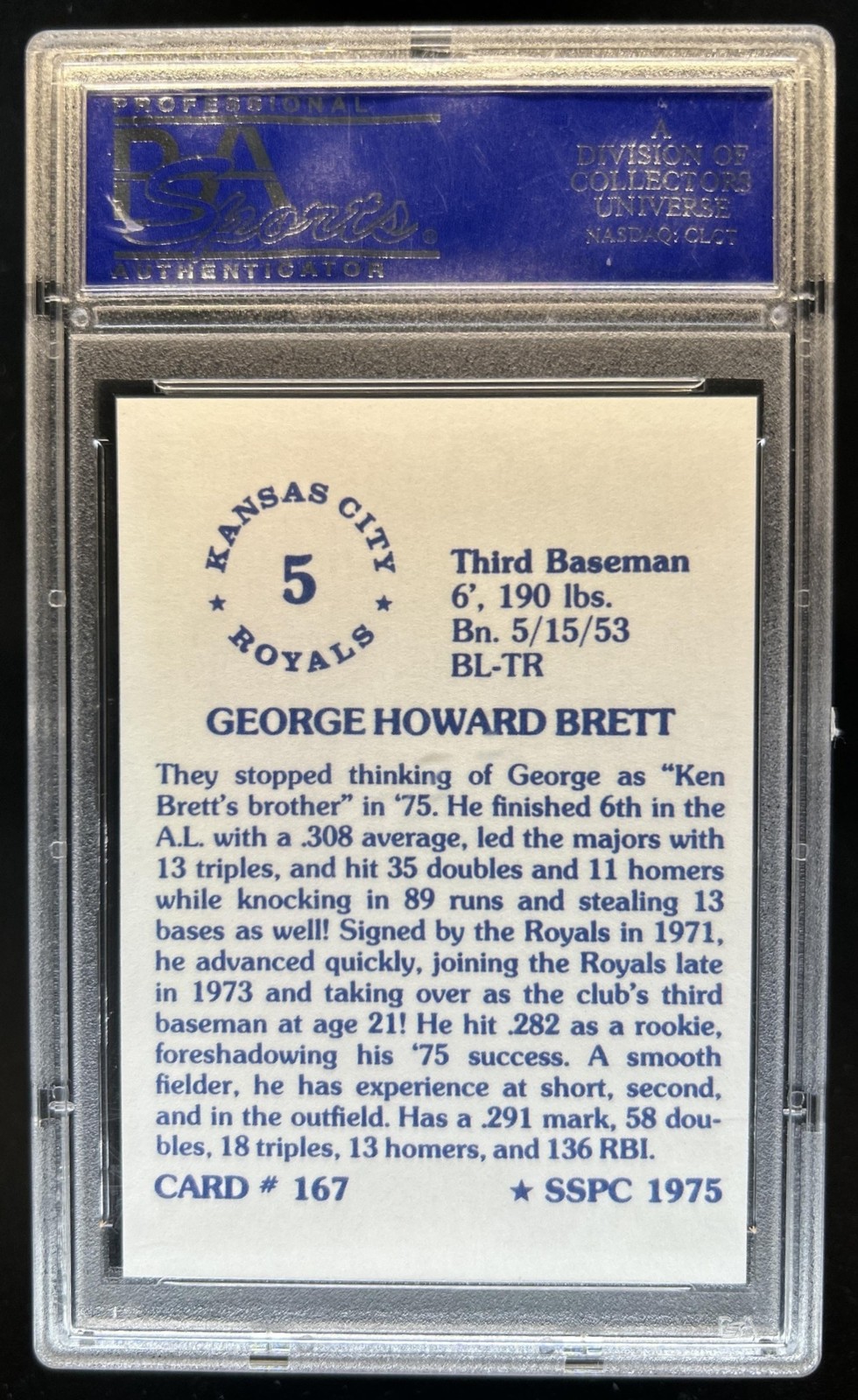 1975 SSPC George Brett Vintage Card #167 PSA 10 GEM MINT Royals view 2