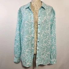 Charter Club Size XL Blue Floral Print Linen Button Down Roll Tab Sleeve Shirt