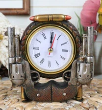 Rustic Western Cowboy Pistol Revolver Guns And Bullets Analog Table Clock Decor