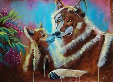 Modern Animal Painting, Abstract Acrylic Picture Wolves Mother and Her Boy, 70x50cm