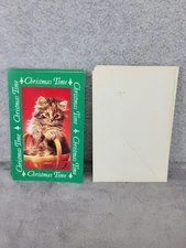 Set of 8 Paper Magic Christmas Time Greeting Cards Kitten in Basket Green Border