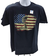 Black T-Shirt w/ Black Shelby Cobra Emblem  Script w/ American Flag Background