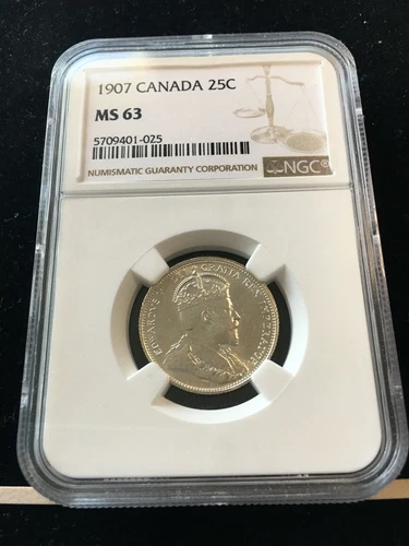 1907, NGC Graded Canadian,  25 Cent, **MS-63** 