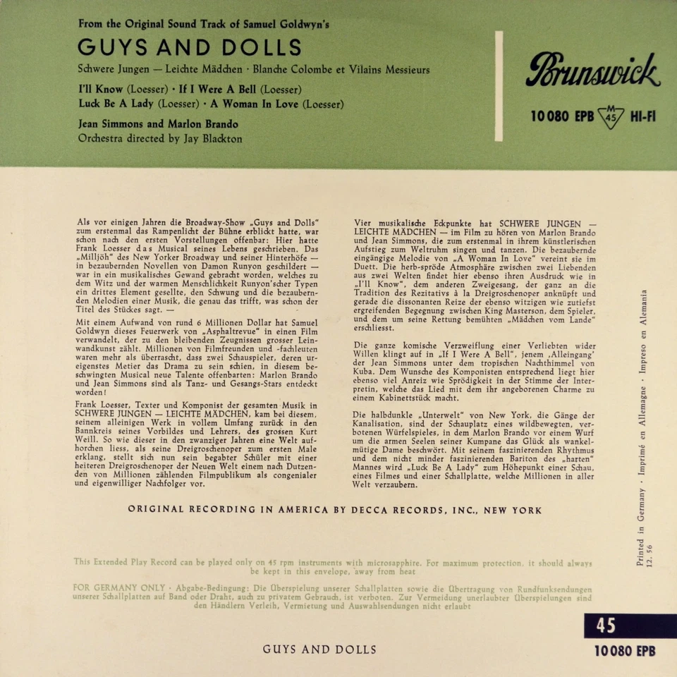 7" JEAN SIMMONS & MARLON BRANDO Guys And Dolls OST BRUNSWICK orig. EP 1956 Mint- - Bild 2 von 4