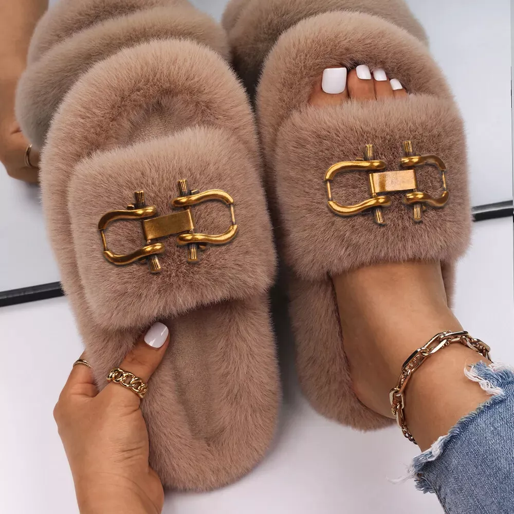 Women's Fluffy Slippers Suede Designer Soft Ladies House Shoes Warm Female  Home Slippers with Fur Big Size 5-11 Indoor Slippers | Wish