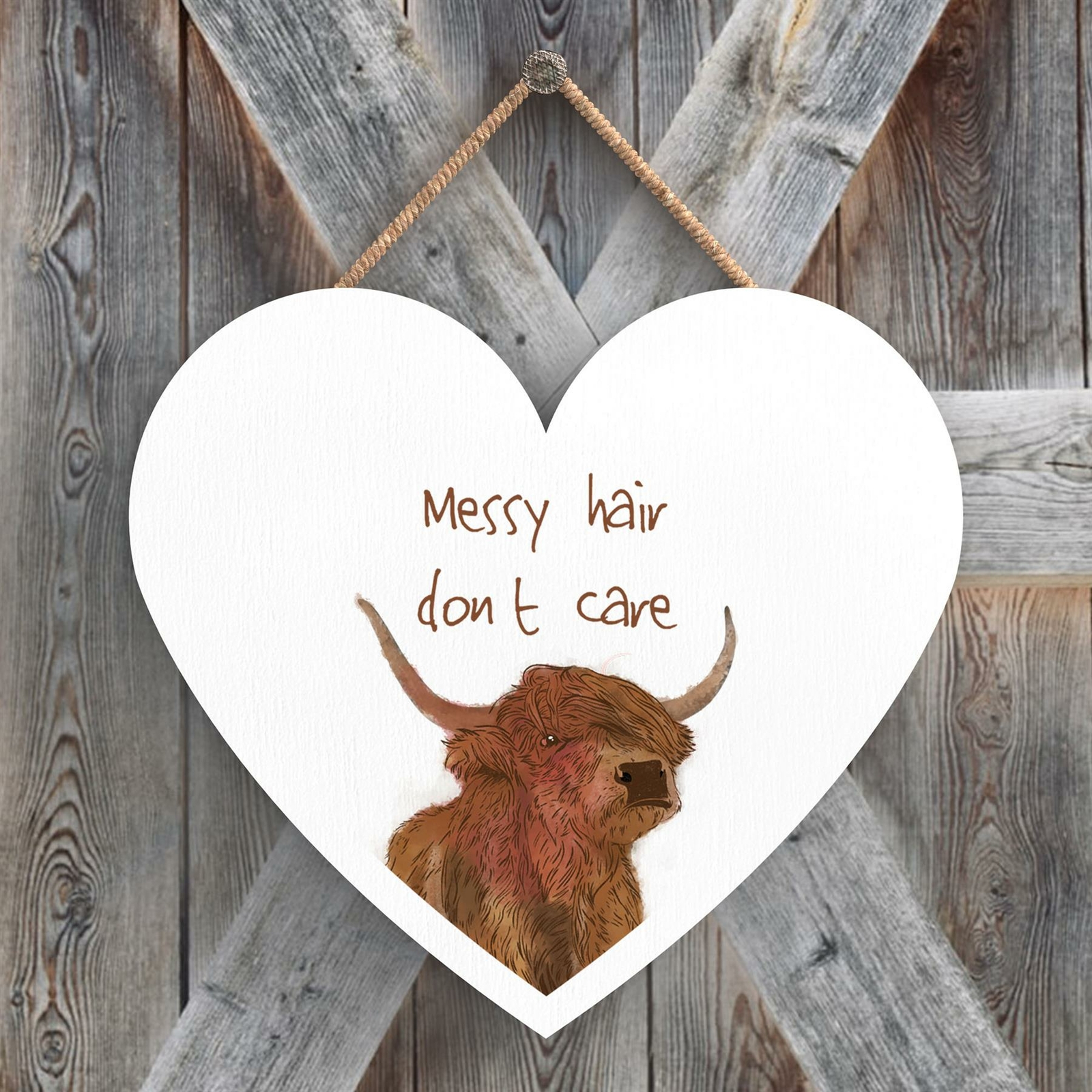 WATER MESSY HAIR DON'T CARE COW WATERCOLOUR ANIMAL THEME WOODEN HANGING PLAQUE
