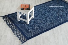 Blue Indigo Cotton Block Paisley Print Area Dhurrie Rug Woven Indien Carpet Rug