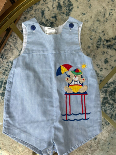 6 9 Months Baby Togs Vintage Blue Striped Outfit Romper Teddy Bear Sun Beach VGU - Picture 1 of 1