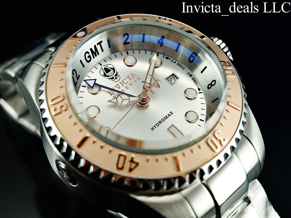Invicta Reserve 52mm SKULL HYDROMAX SWISS GMT Silver Dial Rose Bezel SS  Watch