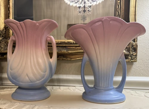 Pair VTG Hull Art Pottery USA Mardi Gras/Granada Fan Vase Pink,White,Blue