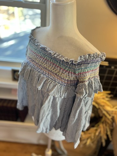 Vintage Havana flirty Striped smocked off the shoulder Boho S - Picture 7 of 14