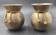 Pair of Raj Hammered Brass Vases W/ Rope Ruffled Crimped Top ~ Made In India