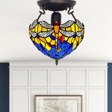 10" Tiffany Blue Dragonfly Ceiling Light – Antique Stained Glass Style