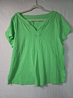 TALBOTS Women's 2X Petite Short Sleeve Green Knit Top V Neck Pom Pom Trim Cotton