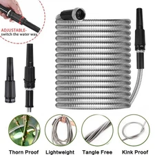 25 50 75 100FT Stainless Steel Metal Garden Water Hose Pipe Flexible Lightweight