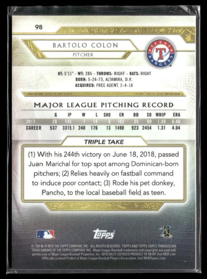 2018 Topps Triple Threads Bartolo Colon Amethyst #/299 #98 - Image 2 of 2