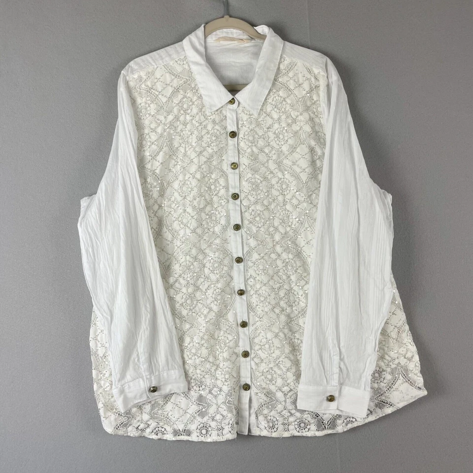 Top túnica de encaje Soft Surroundings para mujer 3X blanco con cuentas lentejuelas adornado artístico