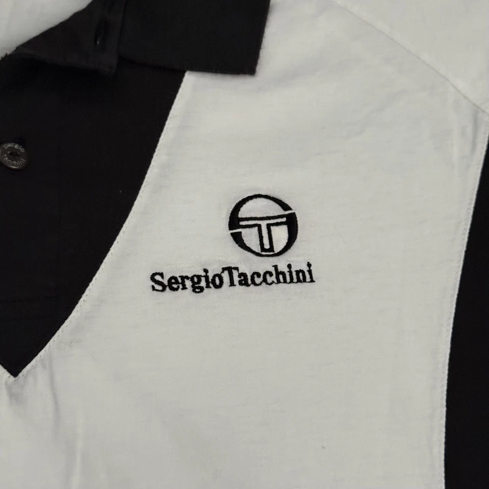 Camisa Polo De Colección Sergio Tacchini Para Hombres XL Negra Blanca Tenis Logo Bordado Foto 4 de 4