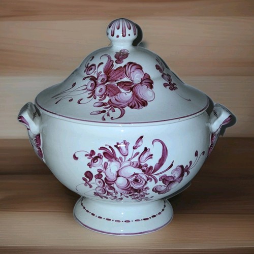 Antique French Faience Tureen Hand Painted Covered Floral Pedestal Shell Handle