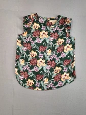 Loft Women Blouse Top L Green Floral Print Ruffle Sleeveless Crew Neck Casual