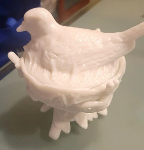 Westmoreland White Milk Glass Bird/Robin on Nest Pedestal Lidded Bowl