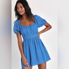 Lulus Effortlessly Endearing Blue Puff Sleeve Smocked Mini Dress