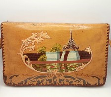 Vintage Hand Tooled Leather Purse Asian Themed Hand Painted W/ Strap