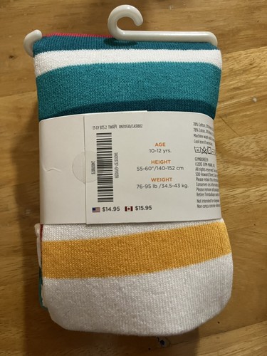 Girls Sz 10-12 NEW Gymboree Cotton Tights NWT Jade Green RedOrange Yellow Stripe - Picture 2 of 4