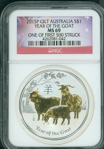 2015 ( 2015-P ) $1 S$1 AUSTRALIA GILDED GILT Lunar GOAT 1 Oz. SILVER NGC MS69
