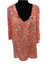 I.N. Studio Shirt Women’s Large Flared Short Sleeve Coral White Tan $45