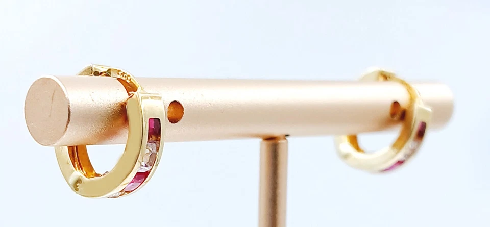 LAB CREATED RUBY & WHITE SAPPHIRE HUGGIE EARRINGS 14K GOLD - Made in USA - NWT - Image 4 of 4