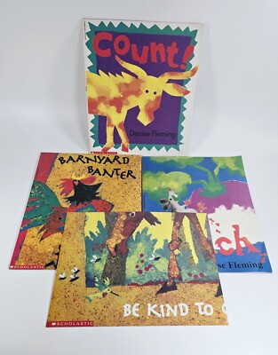 Lot of 3 DENISE FLEMING Books + Rare Poster! Lunch, Count, Barnyard Banter 