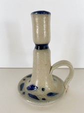 Pottery Salt Glazed Candlestick Holder 6 Inch Handle Blue Leaf Primitive Rustic