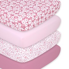 Daisy 4 Pack Print  Solid Microfiber Fitted Crib Sheet Set in Pink  White