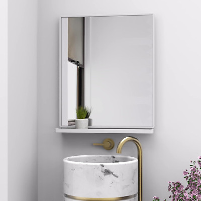 Stylish White Rectangle Wall Mirror with Shelf for Bathroom & Living Spaces