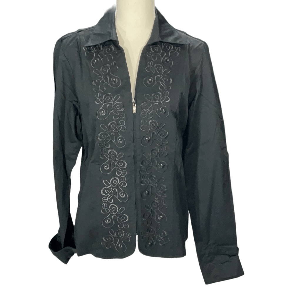 Christine Alexander Embroidered Black Zip Front Long Sleeve 