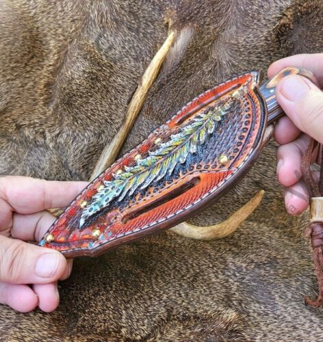 Damascus Knife, Pancake Sheath Combo Westerm Style Tooled Leather Roper Cowboy. - Picture 3 of 5