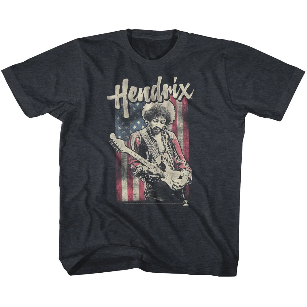 Jimi Hendrix In Front Of American Flag Playing Guitar Youth T Shirt Rock Music