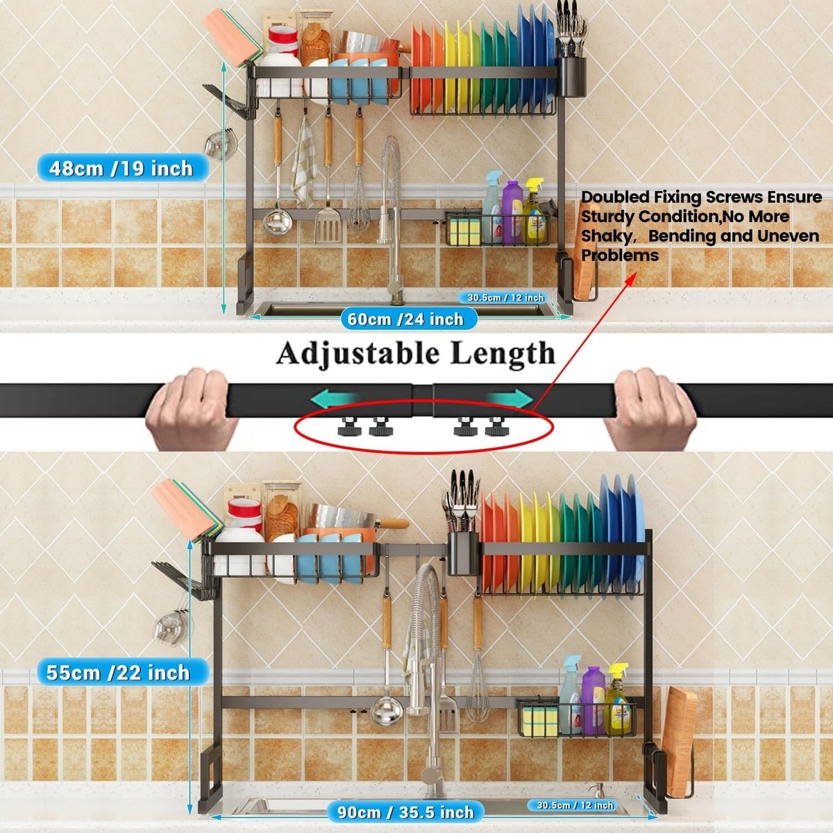 Adjustable Dish Drainer Adjustable Over Sink Dish Drying Rack – 3 Tier ...
