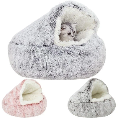 Dog Cat Bed Hooded Kitten Pet Cosy Cave Soft Calming Igloo Cozy Plush Faux Fur